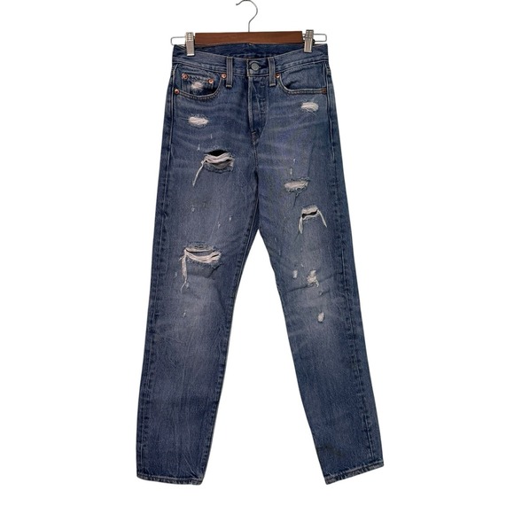 Levi's Denim - Levis 501 Jeans Womens 27 Blue Straight Fit Button Fly Distressed Ripped